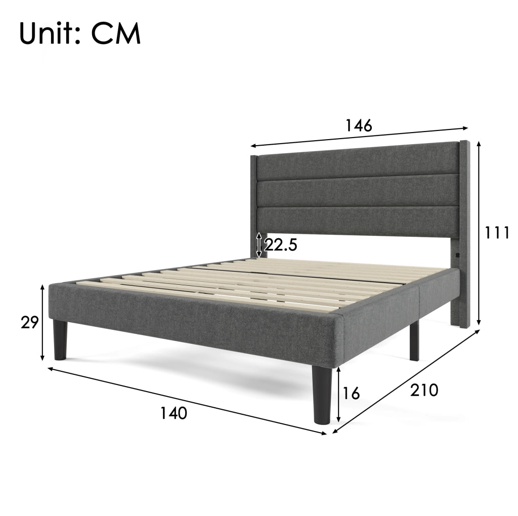 Letto imbottito 140x200 cm in tessuto effetto lino grigio con rete a doghe e testiera