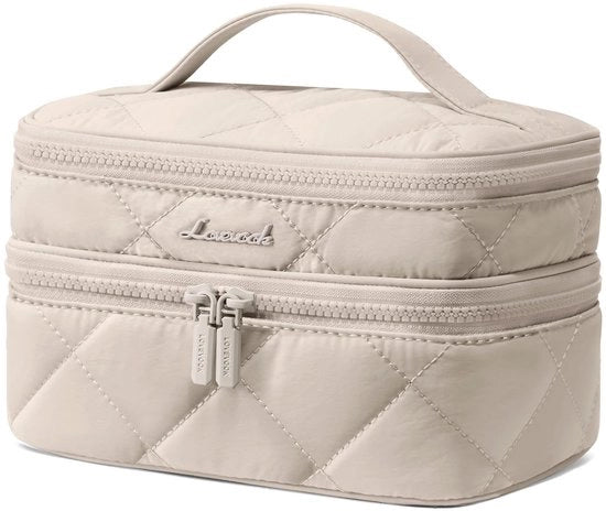 Borsa da toeletta per donne, grande borsa cosmetica, borsa da toeletta con doppia imbottitura, valigetta leggera per make-up con manico, borsa da toeletta impermeabile, borsa cosmetica per viaggi, valigetta per viaggio in kaki.