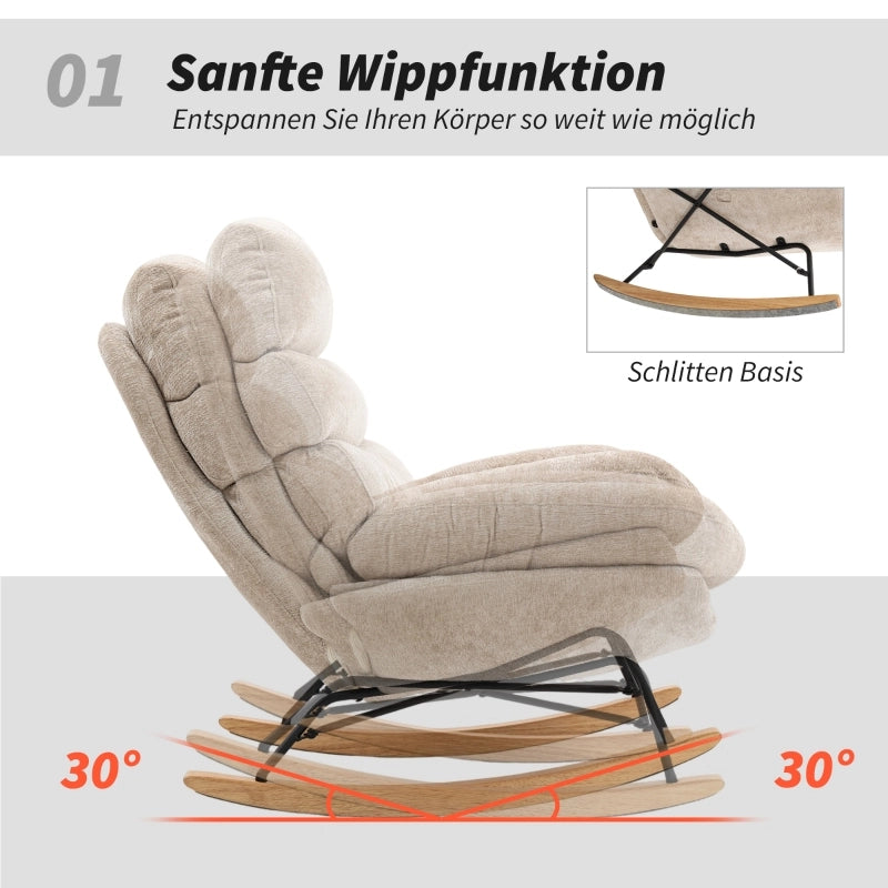 Poltrona a dondolo in poliestere con schienale imbottito e base in acciaio e legno crema bianco 80 × 103 × 91 cm