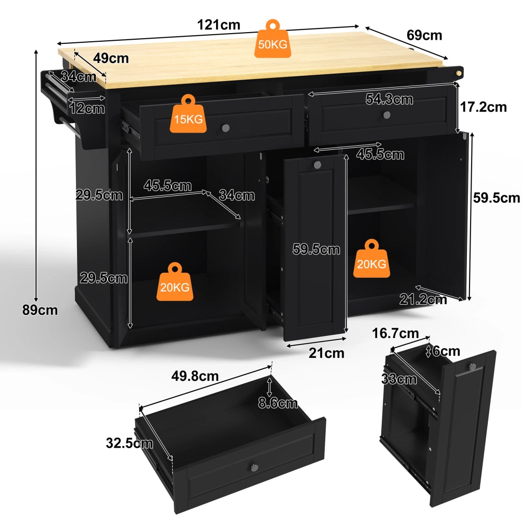 Isola Cucina Mobile 121x49/69x89 cm Nero e Legno con Piano Ribaltabile, 2 Cassetti e Ruote