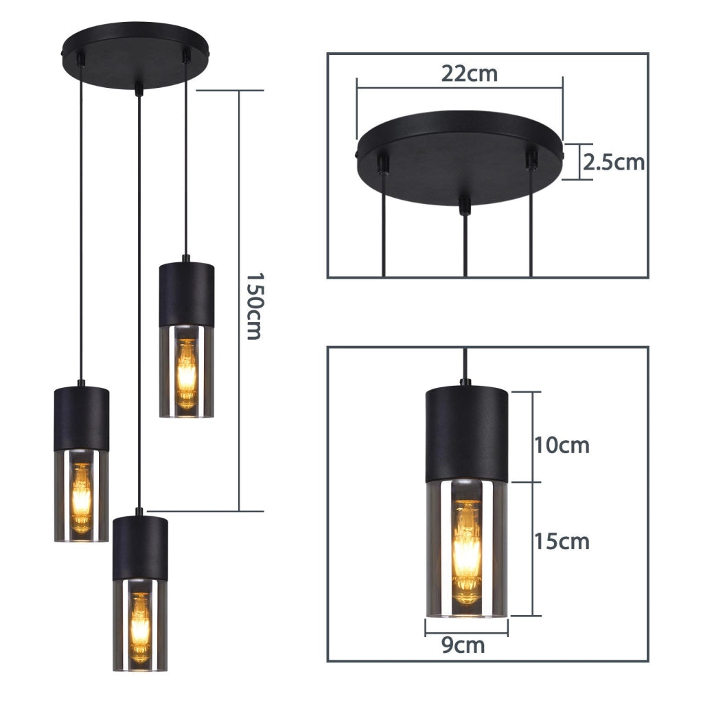 Lampada a sospensione ZMH Lampada a sospensione in vetro a 3 lampadine E27 LED Lampada a sospensione rotonda nera
