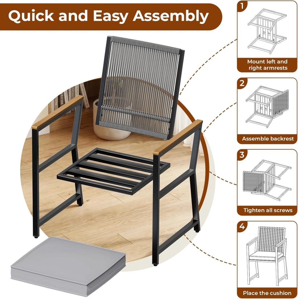 Set di 2 sedie da giardino in rattan, resistenti alle intemperie, con braccioli in WPC, sedie per esterni con cuscino rimovibile, sedie da pranzo in metallo, portata fino a 160 kg, per