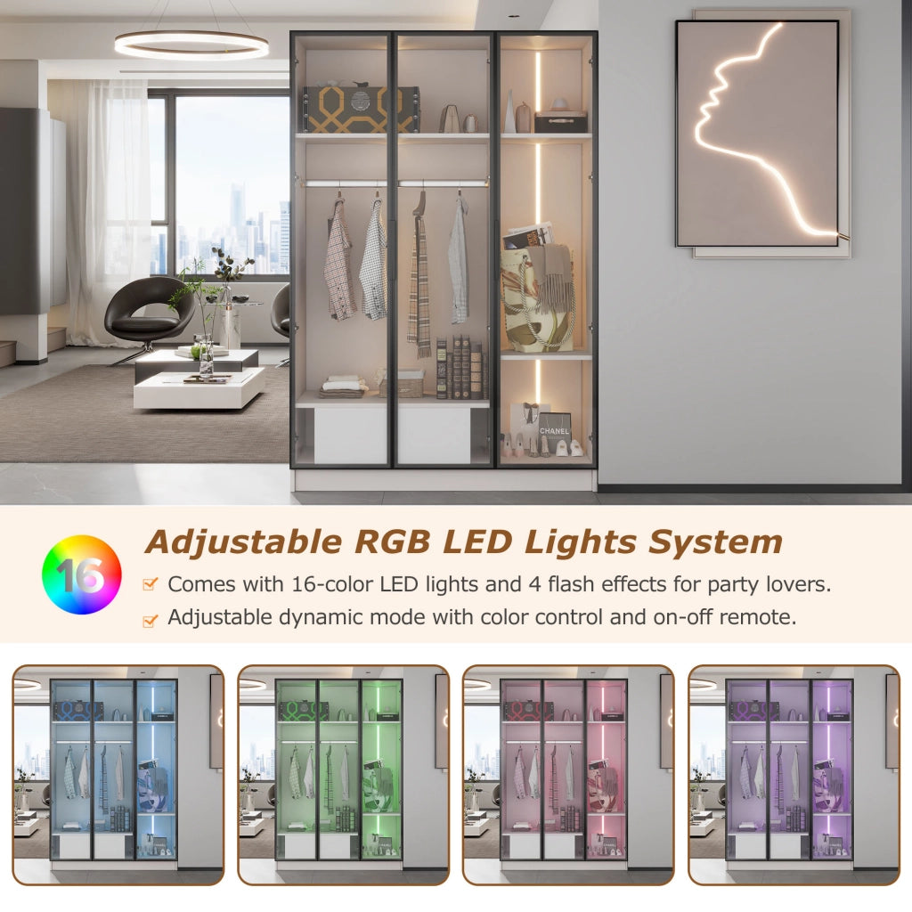 Armadio con 3 ante in vetro; 1 cassetto e LED - per camera da letto - 110x50x160 cm