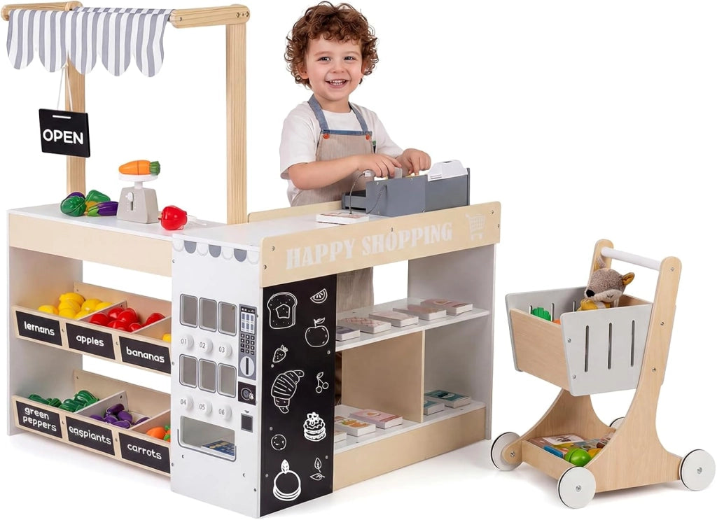 Supermercato Giocattolo per Bambini, Set di Gioco Comprasuper con Carrello, Lavagne, Distributore, Banco Cassa e Accessori Complessivi, per Bambini 3+ Anni, 89,5 x 79 x 104,5 cm