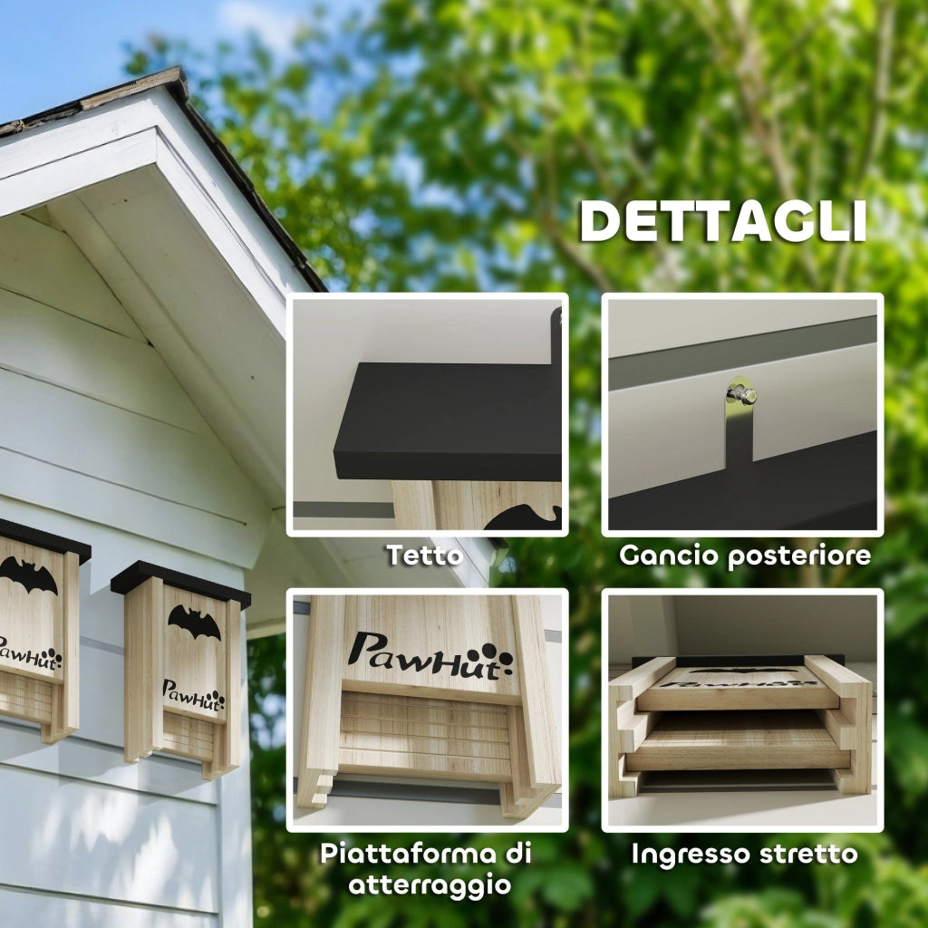 Set di 3 Casette per Pipistrelli Bat Box 18x6x22,5 cm in Legno di Abete