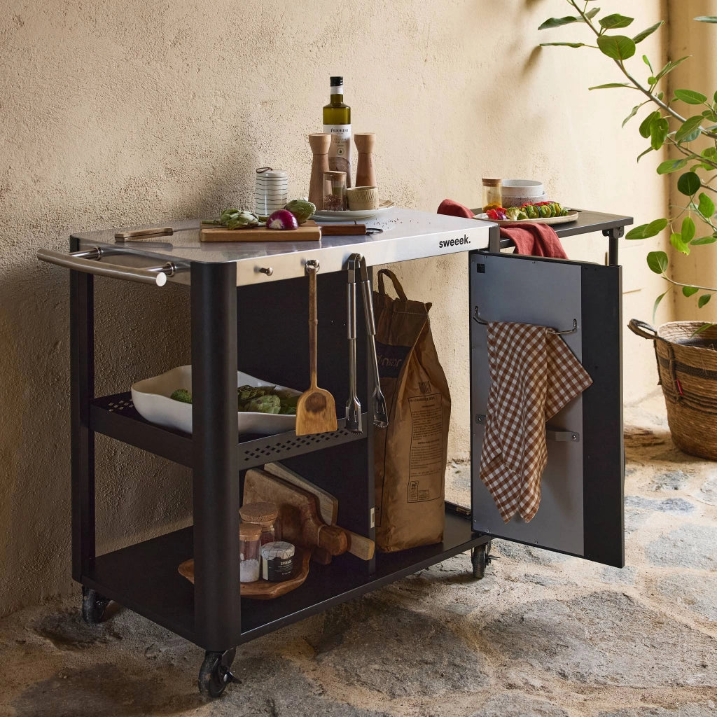 Carrello da cucina da esterno in acciaio con tavolino pieghevole,