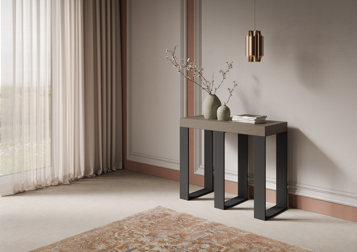 Consolle Allungabile 90-300x40x77 cm Sintesi Tortora Telaio Antracite