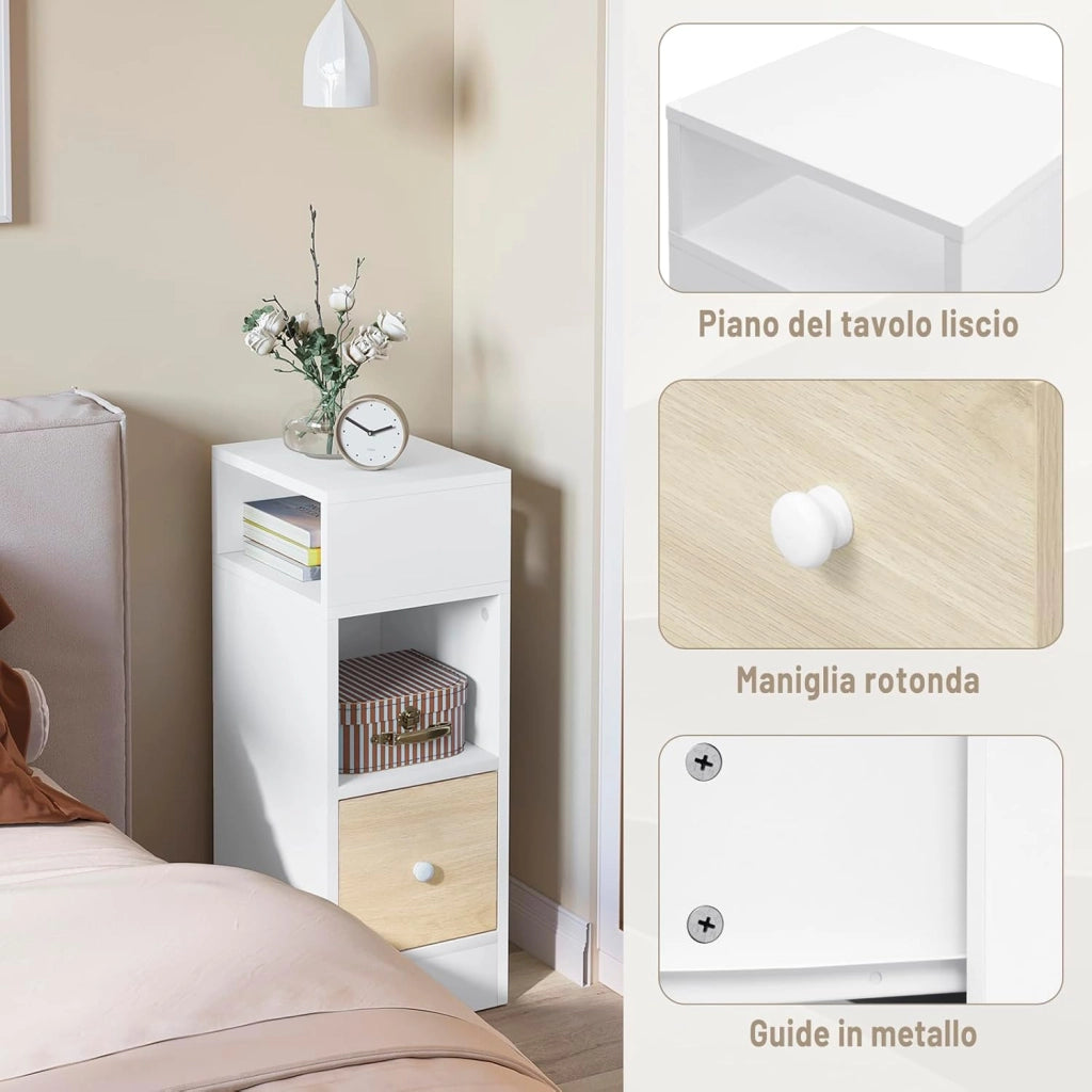 Set di 2 Comodino Stretto, Comodino con 2 Scomparti a Giorno e Cassetto, Tavolino da Notte 25x30x66cm, Mobile Salvaspazio per Camera da Letto, Soggiorno, in Truciolato, Rovere, 0011CTG-2-FL