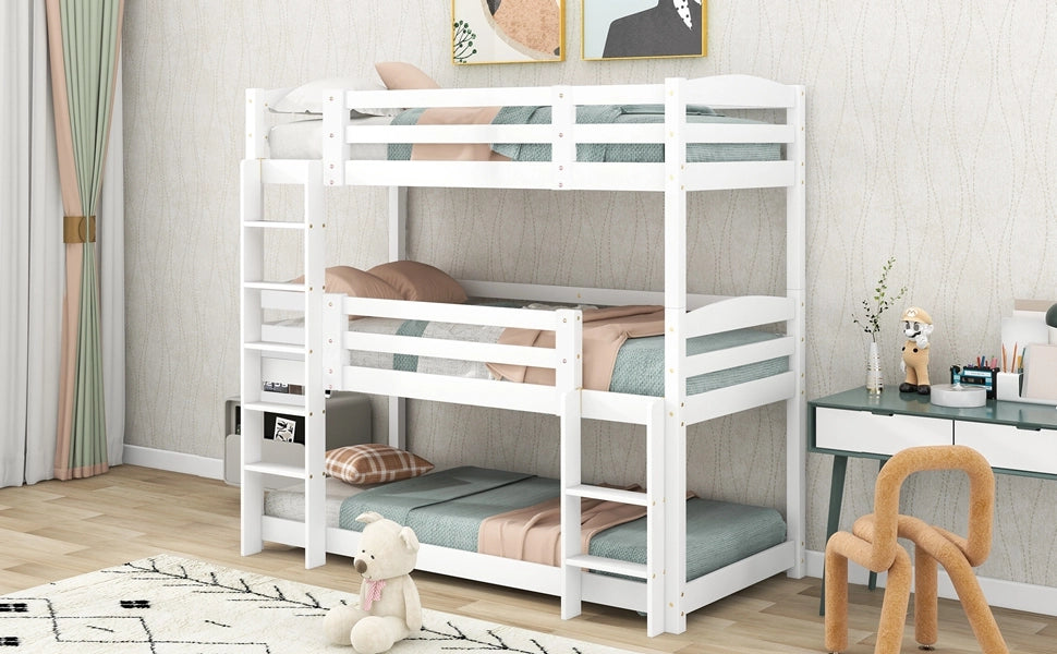 DESMIU Letto a castello 3 posti 90 × 200 cm con 2 scale, senza materasso, in pino, bianco