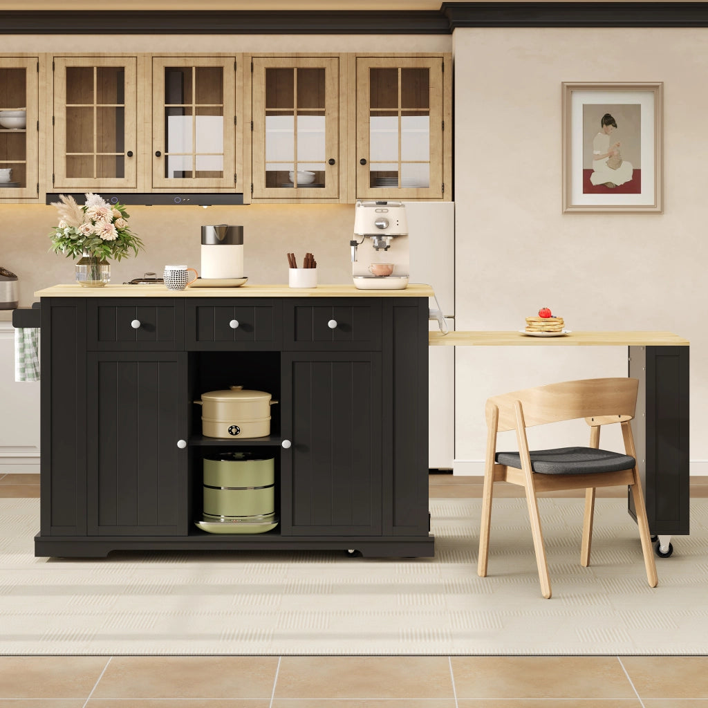 Isola cucina mobile con tavolo estraibile, prese AC e USB, 2 ante, 2 cassetti, 138(213)x55x93 cm