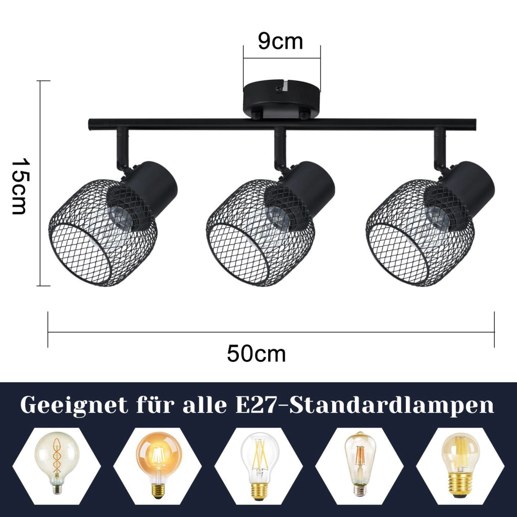ZMH Lampada da soffitto 3 faretti orientabili E27 metallo nero stile retrò 25W per soggiorno corridoio cucina cameretta