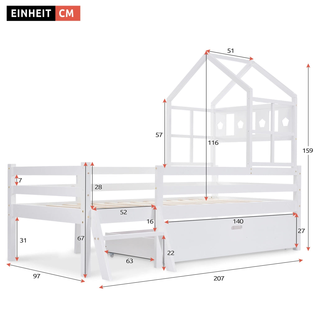 Letto a soppalco per bambini 90x200 cm in legno di pino bianco con scala e cassetto