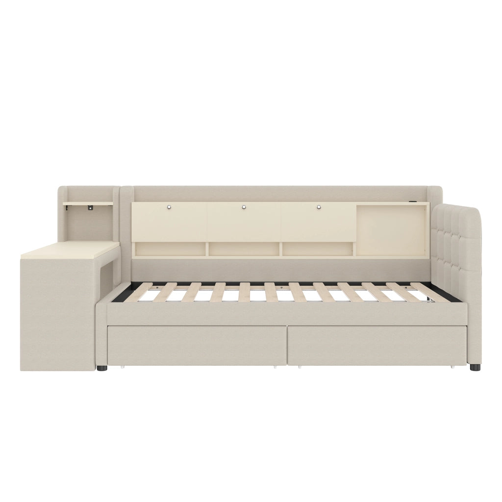 Letto a Divanetto 90x200 cm; 2 Cassetti; Scrivania; USB e Type-C; in Lino; Beige