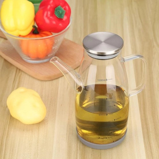 Olio vegetale fles 1 l, aceto e dispensatore olio, contenitore olio con scala graduata, grande dispensatore olio ermetico per cucina, BBQ, tavola, campeggio