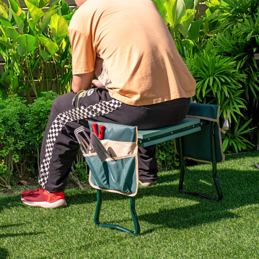Inginocchiatoio e sedile da giardino con 2 tasche porta attrezzi, Sgabello da giardino portatile e pieghevole