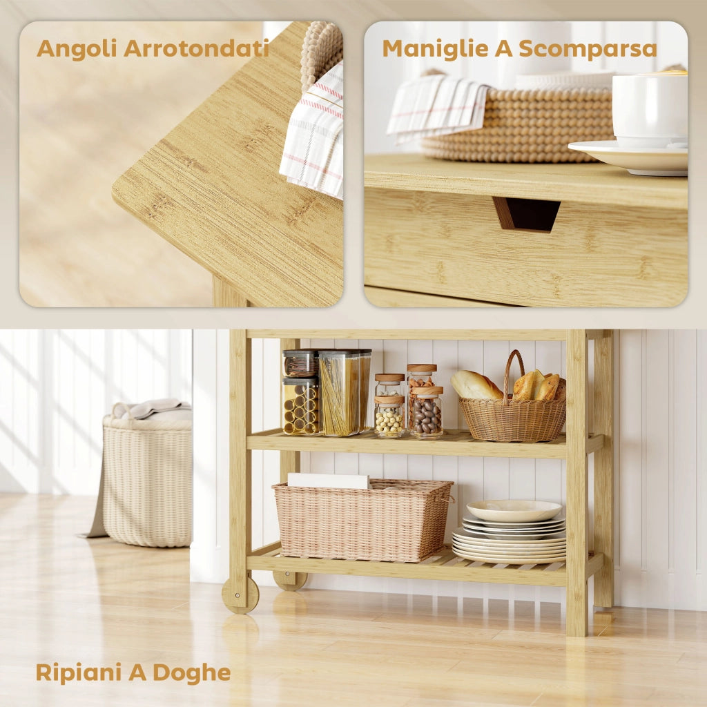 Carrello Cucina in Legno di Bamb¨´ con 2 Cassetti. 2 Ripiani a Doghe e 2 Rotelle. 100x43x75 cm. Legno