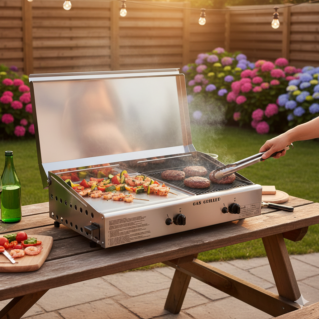 Doppia Piastra di Cottura con Cover Ompagrill Plancha Double 0468/M Alimentazione a Gas GPL e Metano con Accensione