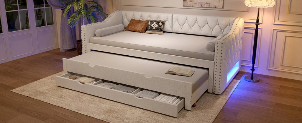 tagesbett imbottito lino mdf beige 90 x 200 cm