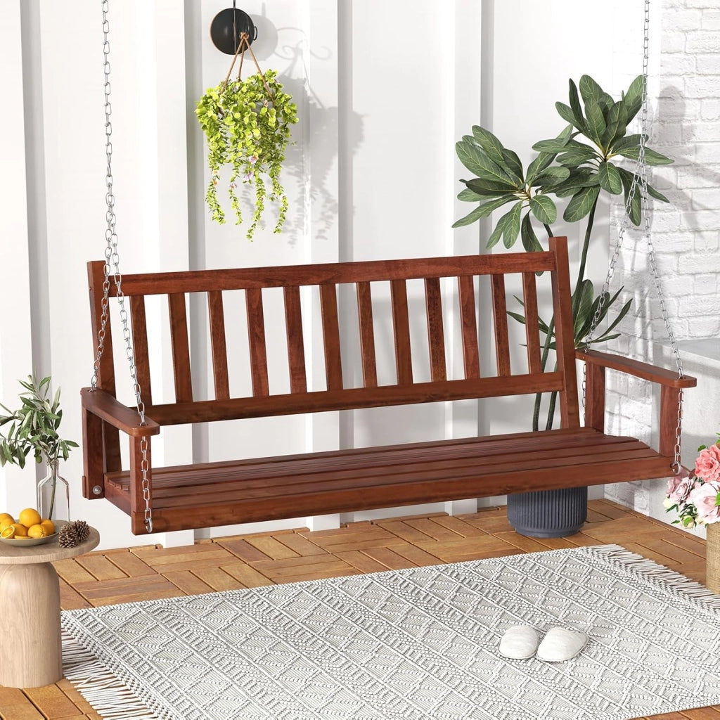 Altalena sospesa in legno per 2/3 persone con catene in metallo zincato regolabili e resistenti, con schienale a doghe e sedile per patio, giardino, 168 x 65 x 63 cm, marrone)