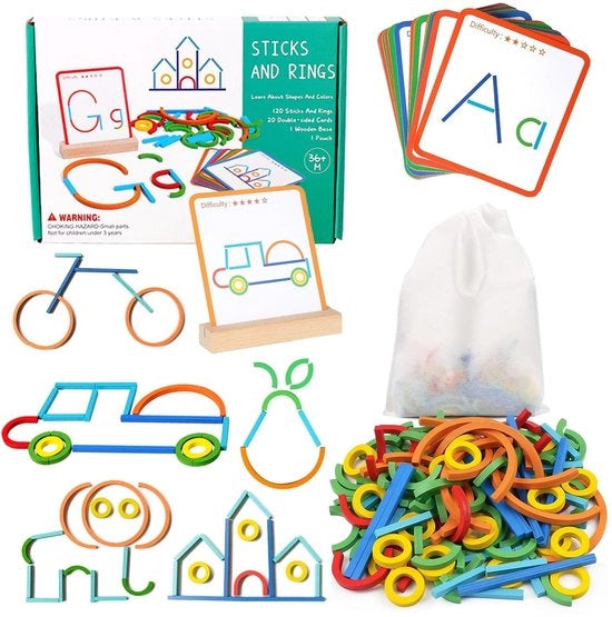 Geoboard educativo per bambini - Montessori giocattolo - Sensoriale giocattolo - Base in legno - 120 bastoncini in legno - 20 carte - Riconoscimento forma colore