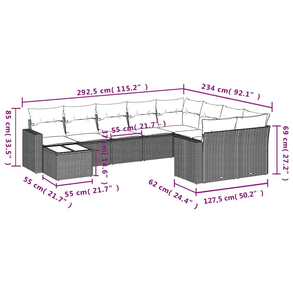 Set Divani da Giardino 10 pz con Cuscini Nero in Polyrattan