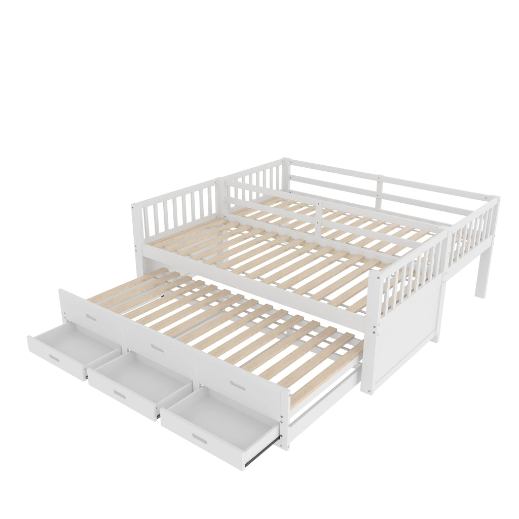 OKWISH Letto a Castello 90×200 cm, Letto 3 Posti con Letto Estraibile, 3 Cassetti e Scala, senza Materasso, in Pino, Bianco