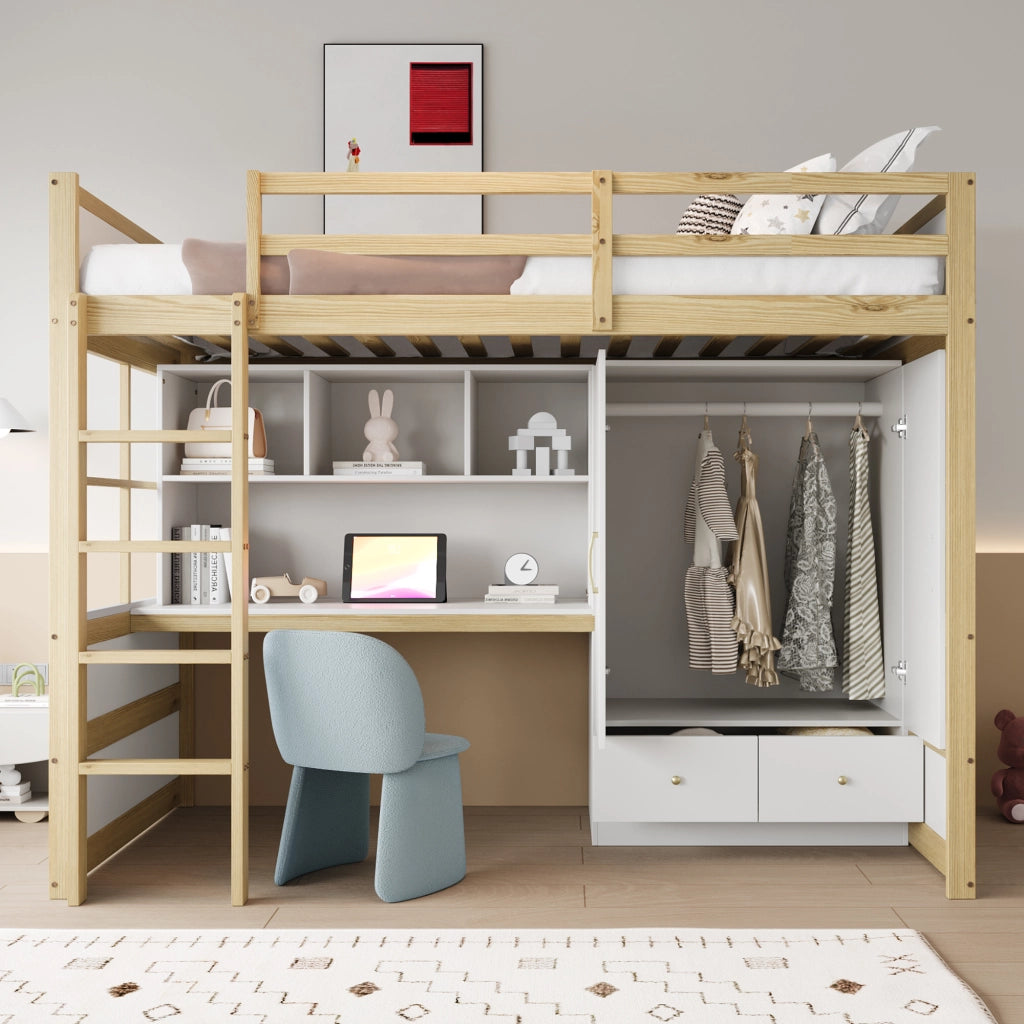 LETTO A SOPPALCO 90 x 200 cm con scrivania, armadio e cassetti, legno naturale