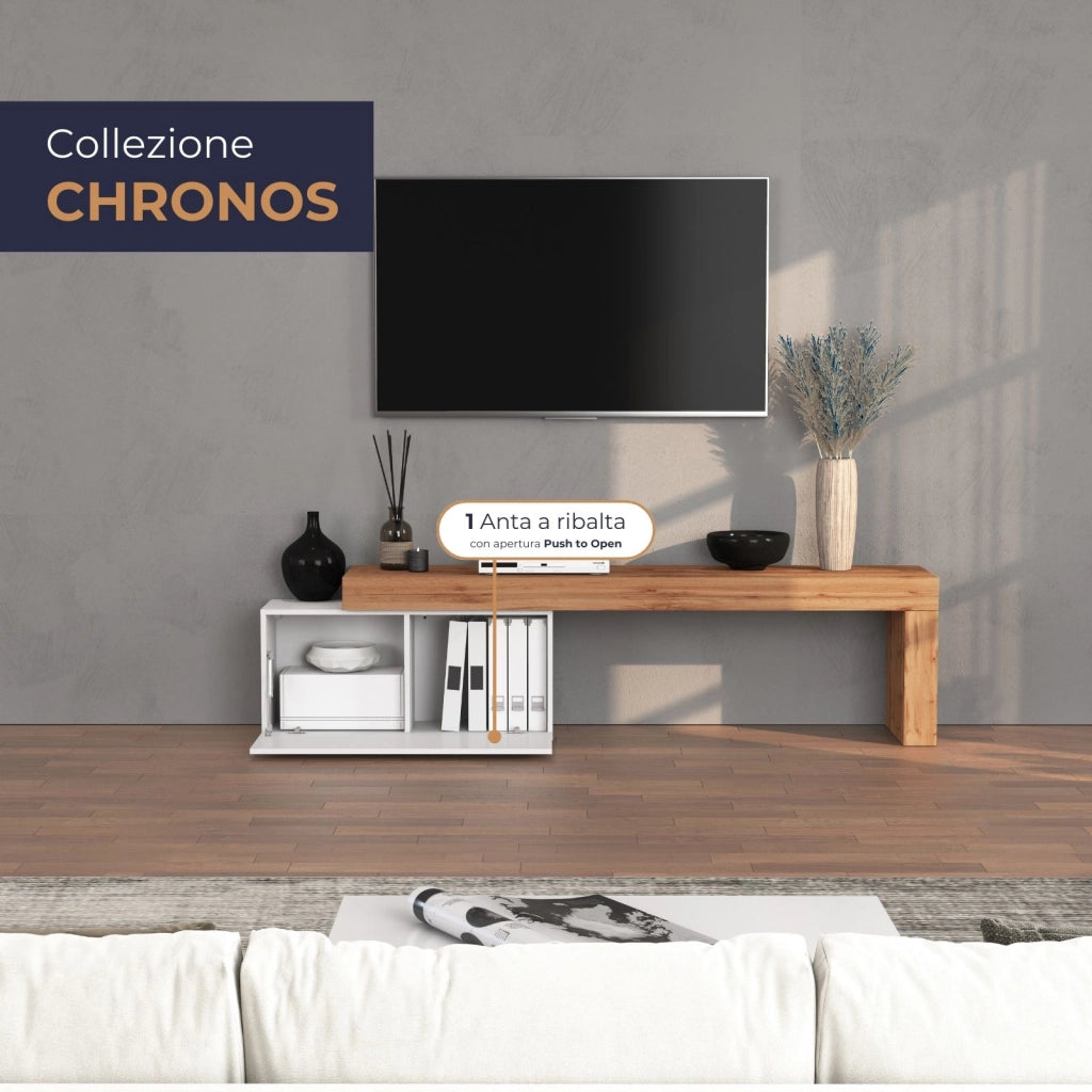 WHOUS Mobile porta tv Chronos estensibile con 1 anta a ribalta bianco/rovere 180/260x40x51 cm