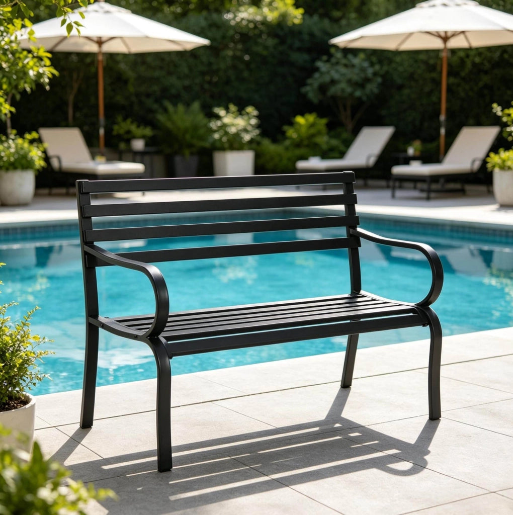 Panca da giardino in metallo nero 127x58x82 cm; 2 posti con braccioli
