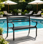 Panca da giardino in metallo nero 127x58x82 cm; 2 posti con braccioli