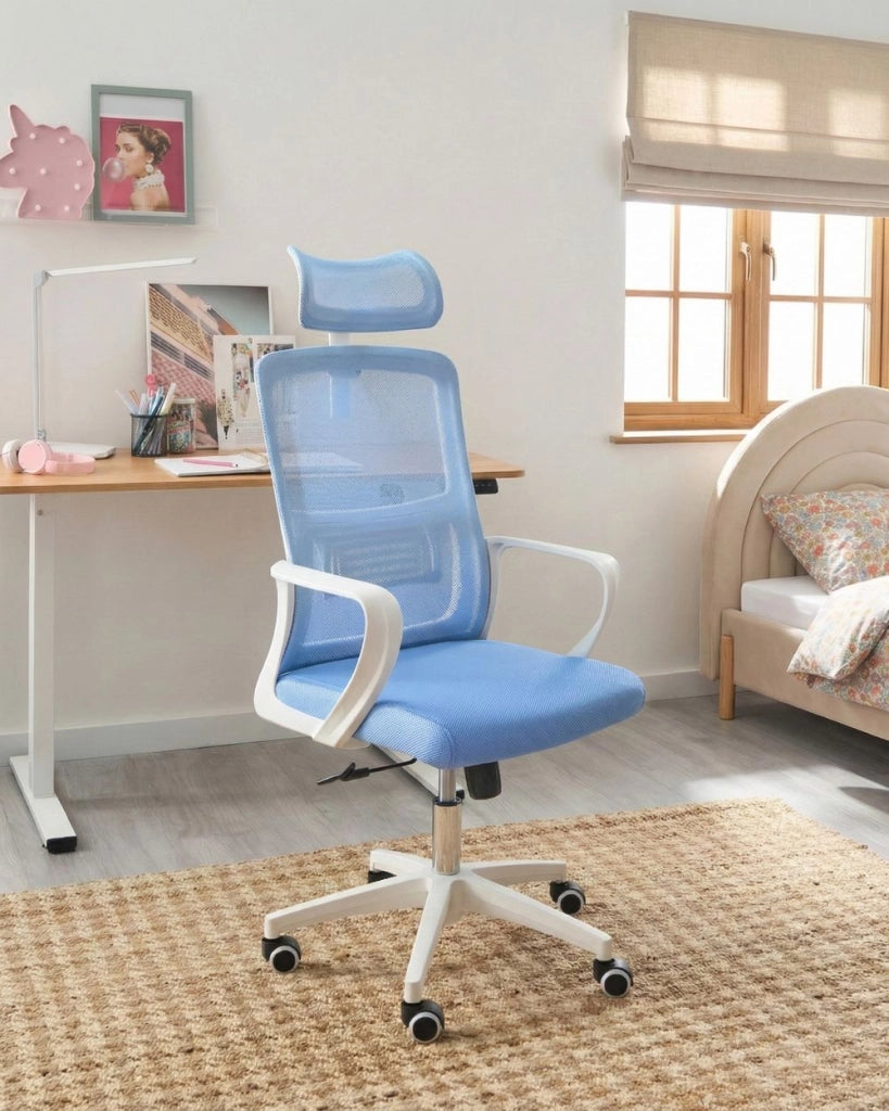 Sedia da ufficio con base girevole e poggiatesta regolabile in altezza con rete Home Office Blu stile moderno