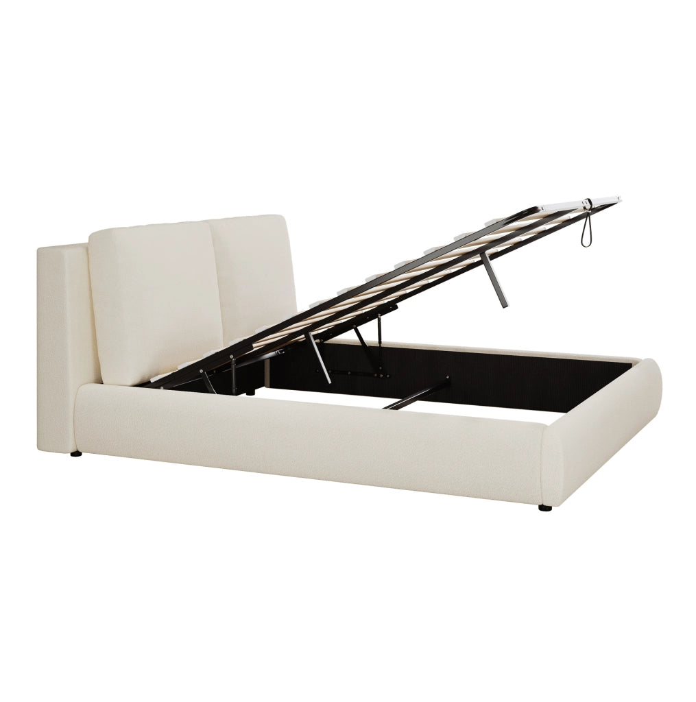 Letto matrimoniale imbottito con contenitore e rete a doghe; rivestimento bouclé beige