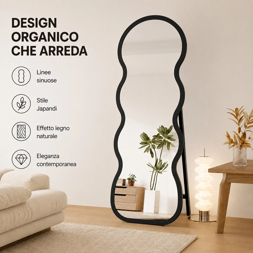 Specchio Ondulato Nero Autoportante Struttura in Legno Design Moderno 160x60cm