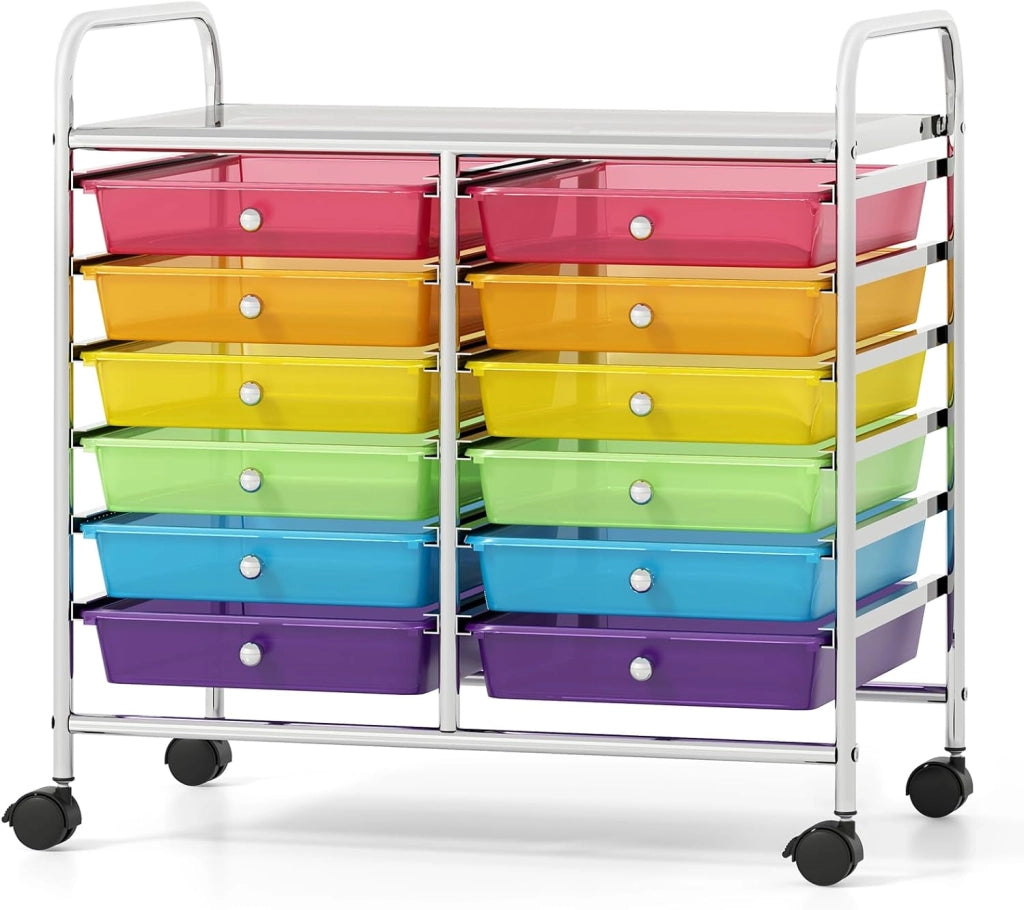 Carrello con 12 cassetti impilabili, carrello per cassetti con ruote e piano di lavoro, carrello per soggiorno, cucina, camera da letto e uffici, 64 x 38 x 62 cm (trasparente colorato)