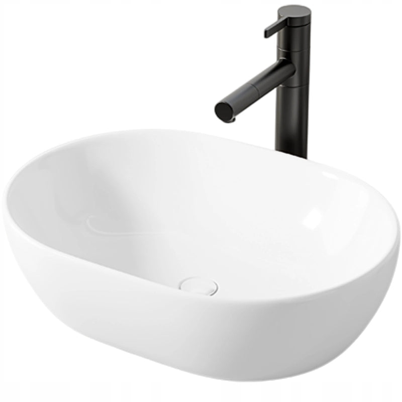 Ampio lavabo ovale in ceramica bianca lucida da appoggio, 49 x 35 cm