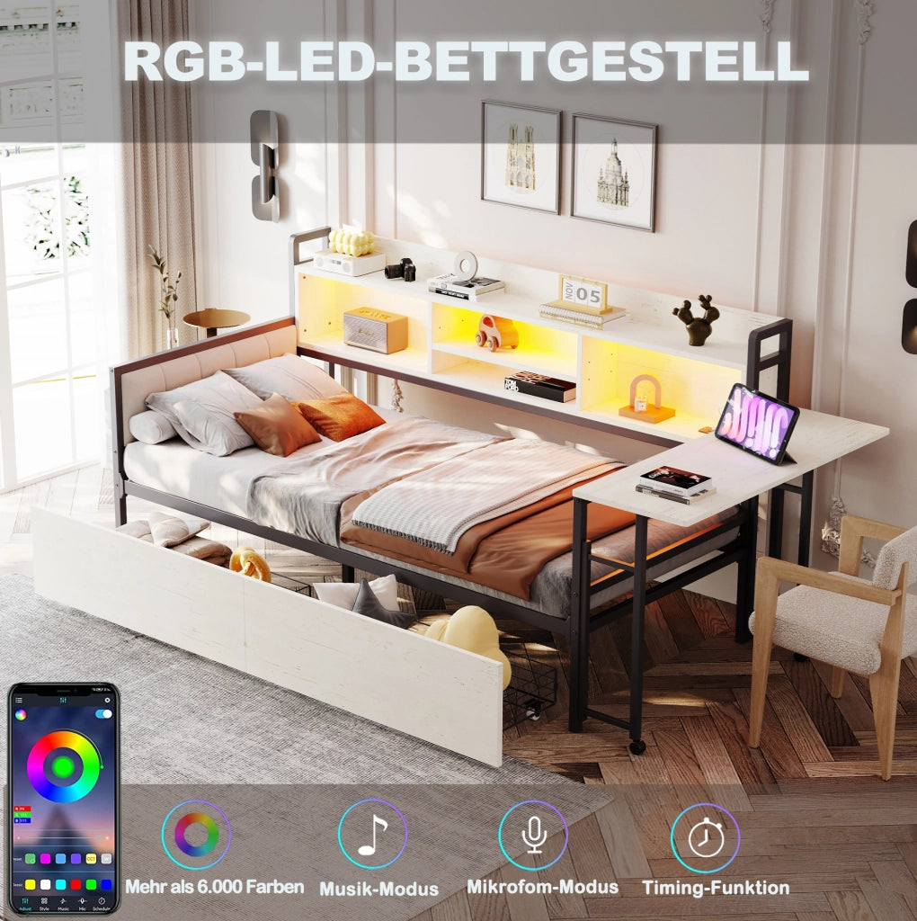 Letto multifunzione singolo 90x200 cm in metallo con LED; scrivania e cassetti; bianco