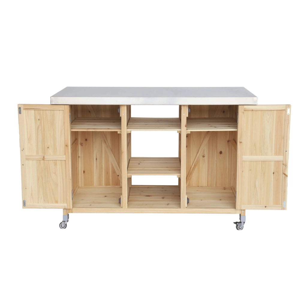 Carrello da cucina da esterno in legno con maniglie e 7 vani