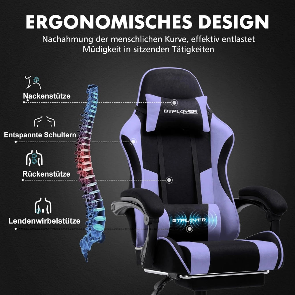 Sedia da gioco, sedia da ufficio, sedia ergonomica, sedia da gioco, con supporto per massaggi, sedie task con poggiapiedi e poggiatesta, tessuto viola