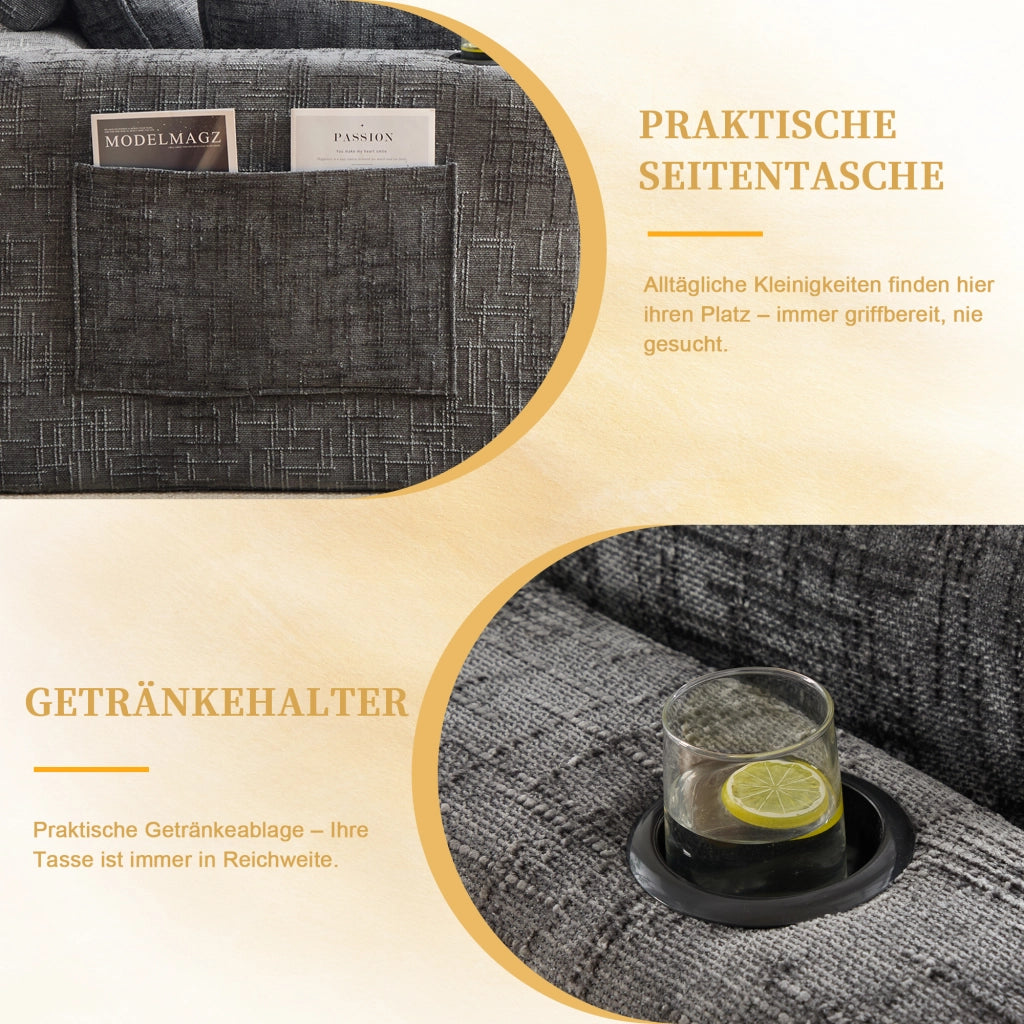 Divano modulare 4 posti con tasche laterali e cuscini in tessuto chenille grigio scuro per salotto 322 × 161 × 75 cm
