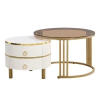 Tavolino 2-in-1 Rotondo in MDF con 1 Piano Bianco e 1 Piano Marrone in Vetro Temperato, Tavolini con 2 Cassetti per Soggiorno, Bianco
