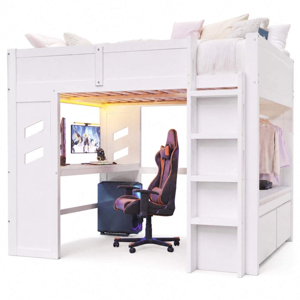 Letto a soppalco bianco 140x200 con scrivania LED e USB-C