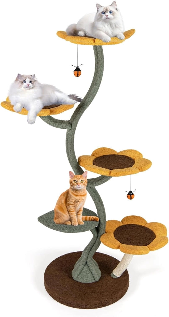 Albero per Gatti, Tiragraffi per Gatti a Forma di Girasole con 4 Piattaforme a Forma di Fiore, Pali Tiragraffi, Base Rotonda Ampia, Piattaforma Imbottita e Pallina Sospesa, Mobili Arrampicata