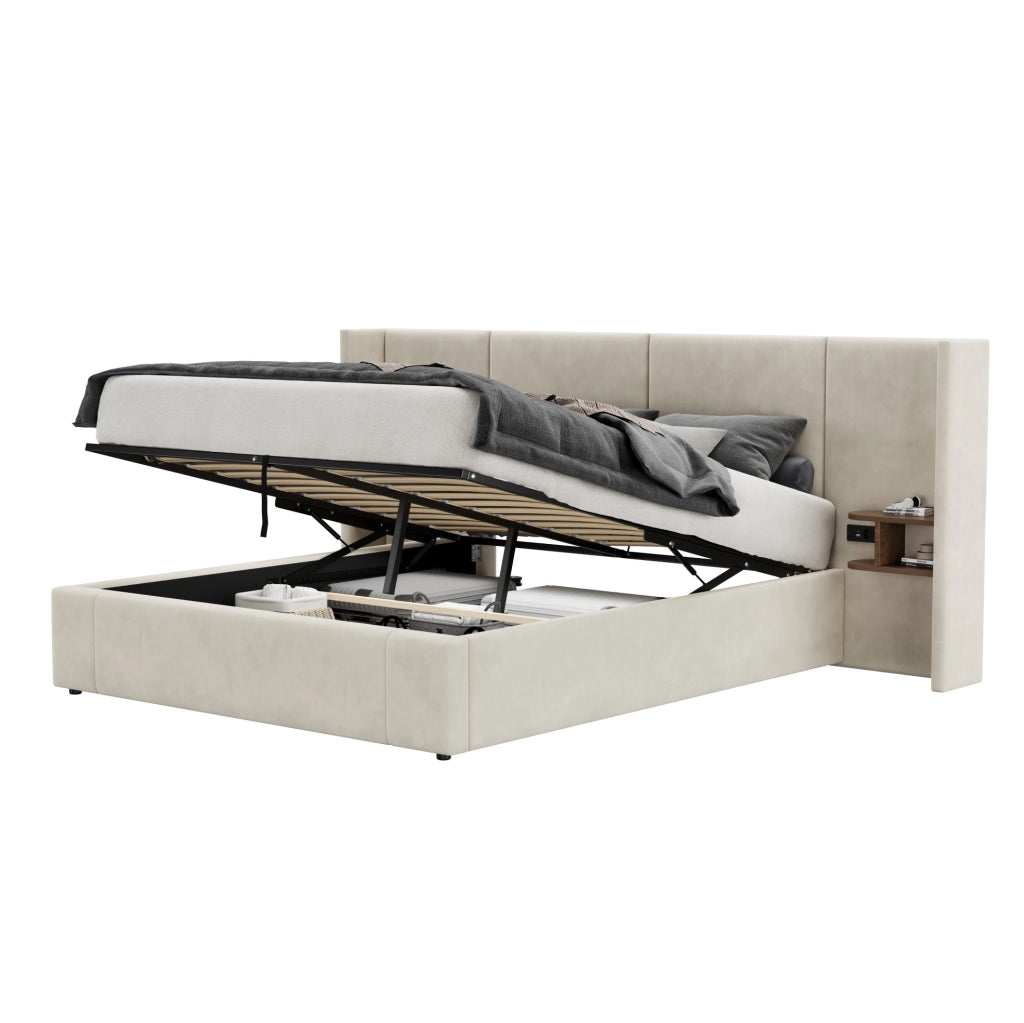 Letto matrimoniale 160x200 cm in velluto beige con contenitore idraulico; 2 comodini e USB