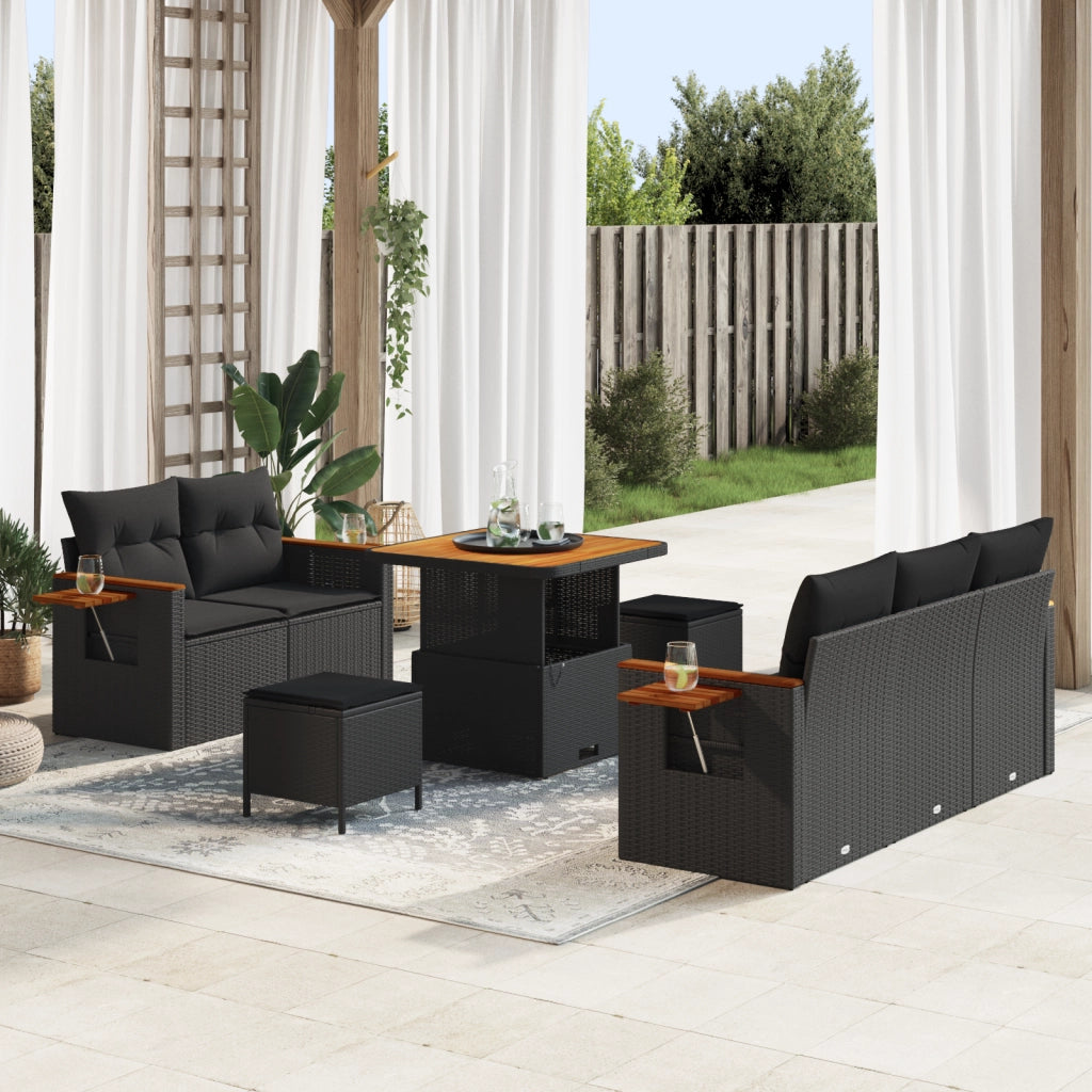 Set Divano da Giardino a 8 Pezzi con Cuscini Nero Polirattan Acacia