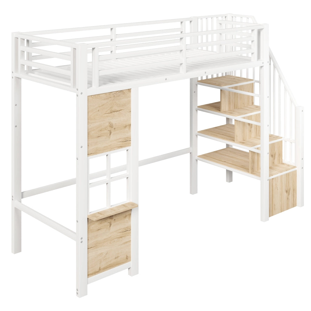 Letto a soppalco 1 piazza con scala contenitore; ripiano laterale; 90×200 cm; senza materasso