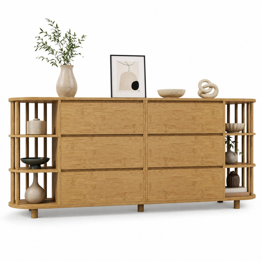 Comò Sideboard 160x40x75 cm in Eiche, design rétro con colonne, 6 cassetti e ripiani aperti, gambe regolabili