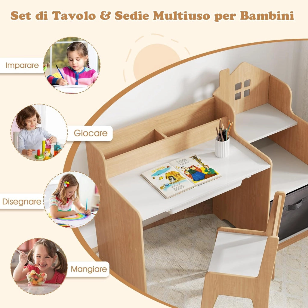 Set Scrivania e Sedia per Bambini 3-12 Anni, Tavolo e Sedia in Legno Salvaspazio con Cassetto in Plastica e Cassetto in Tessuto, Banco Scuola e Seggiola per Cameretta (Naturale)