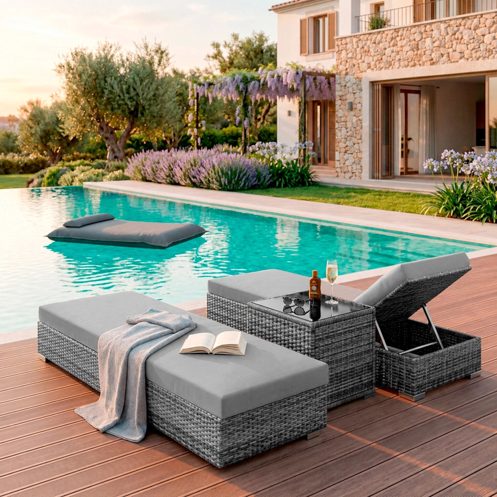 Set 2 Lettini Prendisole in Polyrattan con Tavolino Contenitore e Cuscini, Schienale Reclinabile 5 Posizioni, Arredo Giardino Piscina 184x60x21 Cm Grigio