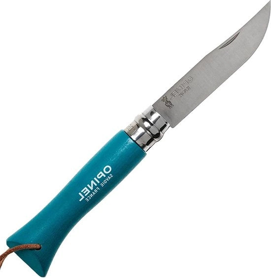 N°06 Coltello da tasca in acciaio con maniglia in pelle blu turquesa con chiusura in acciaio in argento