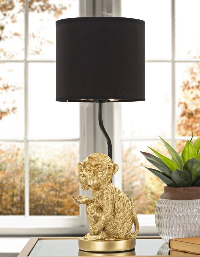 Lampada da tavolo con scimmia seduta dorata, paralume nero diam 20x51cm